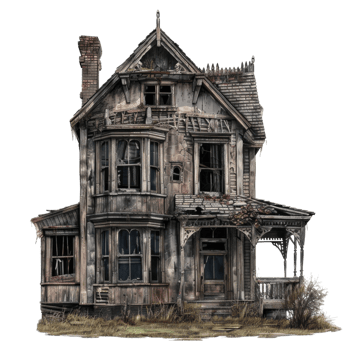 Abandoned Victorian House with Broken Windows and Overgrown Yard png