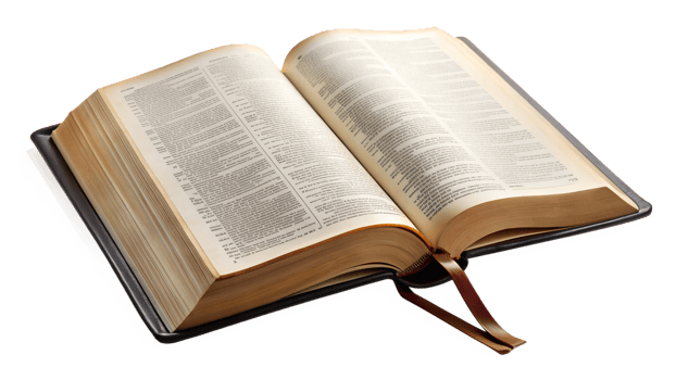 Open book displaying text with yellowed pages, cut out transparent png