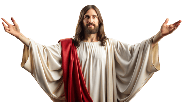 Jesus in white robe, welcoming arms, cut out transparent png