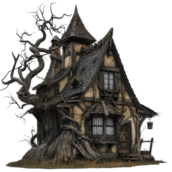 A Twisted Tree Entwined With a Quaint Cottage png