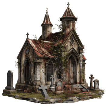 Overgrown Stone Church with Crosses and Gravestones in a Cemetery png