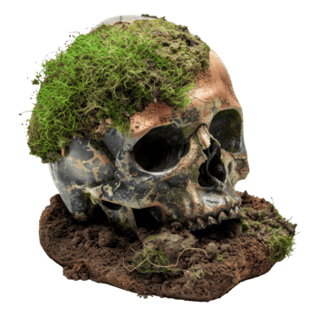 Moss-Covered Skull Half-Buried in Dirt png
