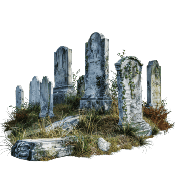 A cluster of weathered tombstones covered in moss and greenery png