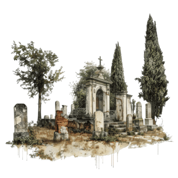 A Small Stone Mausoleum in an Overgrown Cemetery png