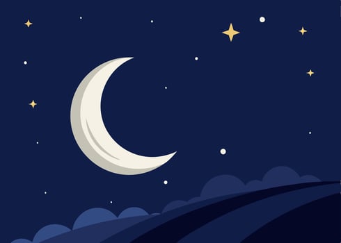 Flat Illustration startrail with a quarter moon, nightday silhouette background vector