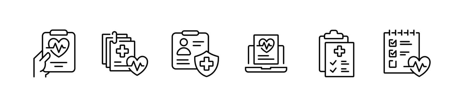 medical diagnosis report icon line set health care check-up analysis prescription clipboard document outline illustration vector