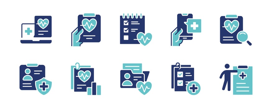 online medical diagnosis report icon set hospital record health care document analysis treatment with heartbeat symbol illustration vector
