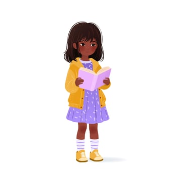Cute little girl is holding book in her hands and reading it. isolated illustration on white background. Cartoon kid for educational designs, book club, world book day. Clip-art. vector