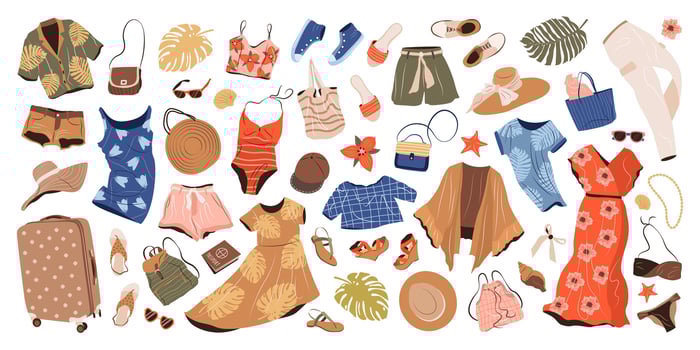 Clothing set in casual style for women. Fashion garments, accessories, swimwear, shoes, hats and bags for spring, summer and vacation. isolated flat illustrations on white background. vector