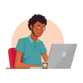 Young business man working with his laptop in the office or home, employee, freelancer, illustration flat style. vector