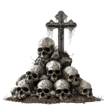 A Cross Over a Pile of Skulls and Rocks png