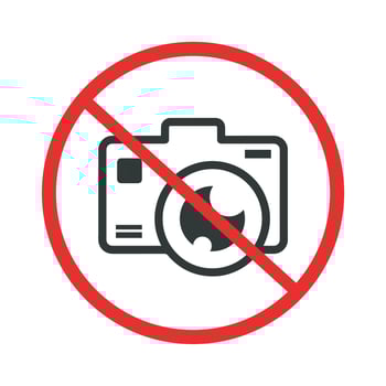 Prohibition of recording or taking pictures. A sign prohibiting the use of cameras or mobile phones for taking photos and recording vector