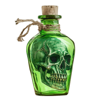 Green Glass Bottle with Skull Inside and Cork Top png