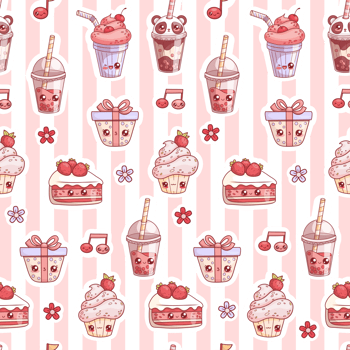 Seamless pattern with cute character festive sweet food and drinks png