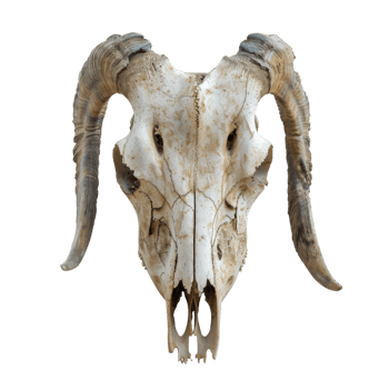 Close-up of a bleached animal skull with large horns png