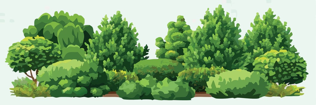 Lush green bushes and trees forming a forest bordering a dirt path vector