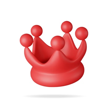 3D red crown icon isolated on white. Render plastic crown emoji symbol. vector