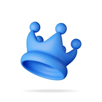 3D blue crown icon isolated on white. Render plastic crown emoji vector