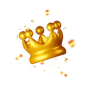 3D gold crown icon and confetti. Render golden confetti around crown vector
