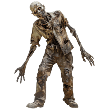 A decayed, skeletal zombie with torn clothing and exposed flesh, walking on a black background png