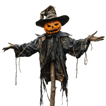 A Jack-o'-Lantern-Headed Scarecrow with a Worn Witch's Hat png