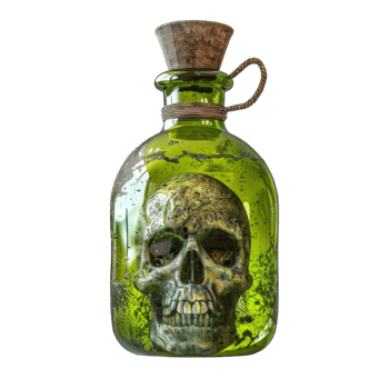 Green Glass Bottle with Skull Inside png