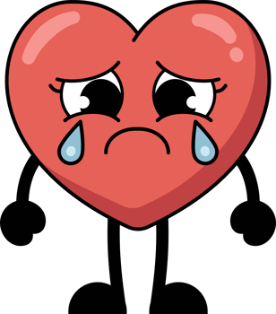 A heart shaped cartoon character is crying and sad expression. flat style illustration. png