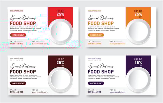 Fast food restaurant business marketing social media post or web banner template design with abstract background, logo and icon. Fresh pizza, burger. vector