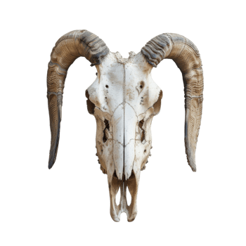 A Close-Up of a Ram Skull with Curved Horns png