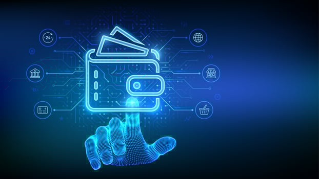 Digital wallet. E-wallet. Online payment by digital wallet. Mobile banking, money transaction, e-commerce. Circuit board background. Wireframe hand touching digital interface. vector