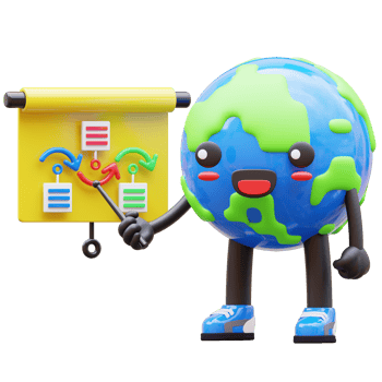 3D earth character presenting infographic with flowchart, suitable for business and data presentations png