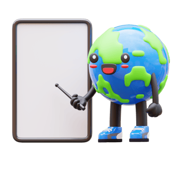 3D Earth character pointing at blank vertical signboard suitable for advertising, announcements, or communication png