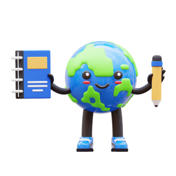 3D Earth character holding a notebook and pencil, representing education and global learning, suitable for educational content and materials png