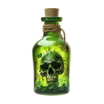 Green Glass Bottle Containing A Human Skull In Liquid png