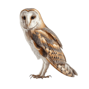 A barn owl with white and brown feathers, perched on a black background. png