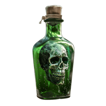 A human skull submerged in a green liquid inside a glass bottle png