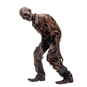 A Decaying Zombie in Ragged Clothing, Bent Over with Decaying Flesh and Exposed Bones png
