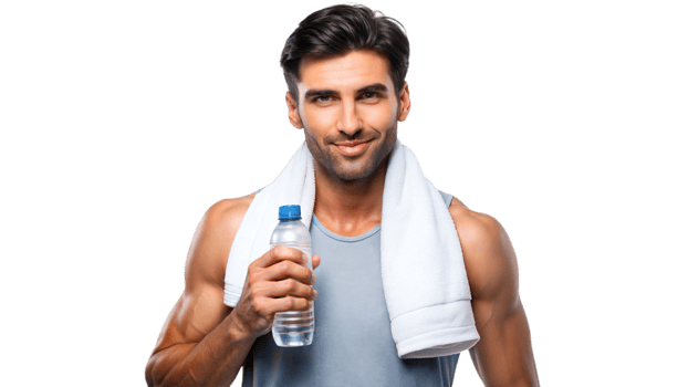 Muscular man drinking water after a workout png