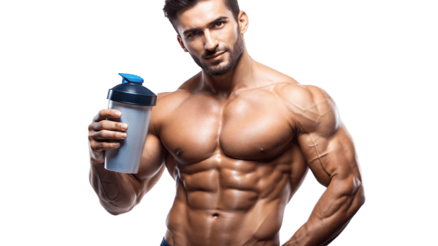 Man drinking from a protein shaker after a workout png