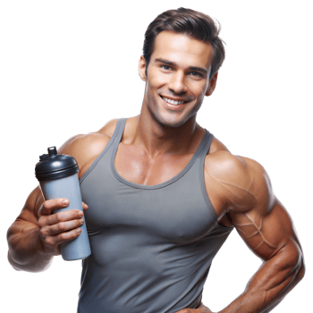 Muscular man smiling while holding a protein shaker png