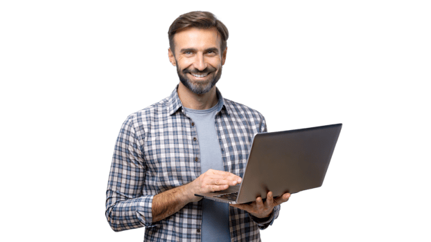 Confident man holding a laptop, working remotely png