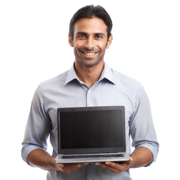 Smiling man holding a laptop, ready for business work png