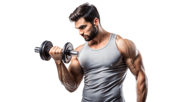Man lifting a dumbbell, showing muscular strength png