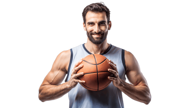 Athletic man smiling while holding a basketball, feeling confident png