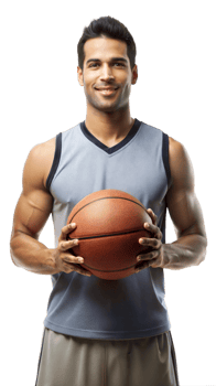 Basketball player holding a ball, ready to play png