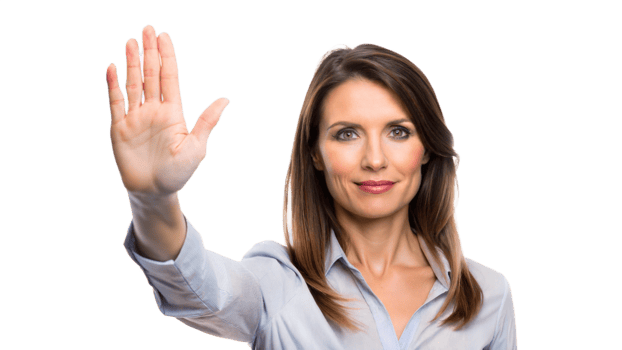 Woman raising her hand, signaling stop with a serious expression png