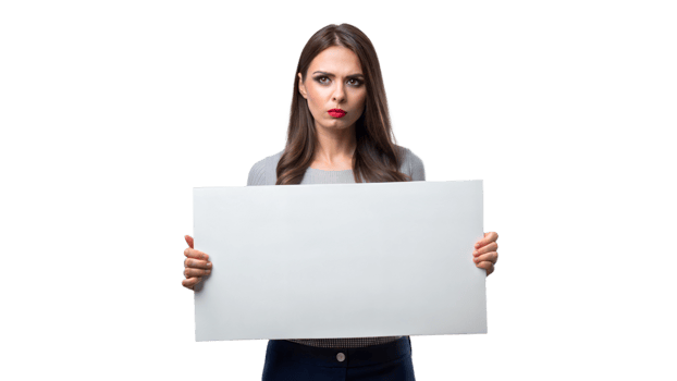 Woman holding a blank sign, expressing determination png