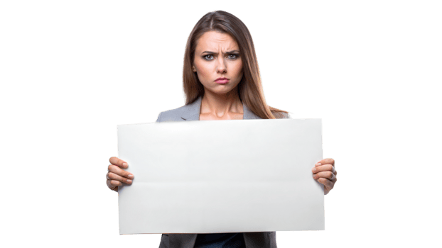 Serious woman holding a blank sign, ready to speak out png