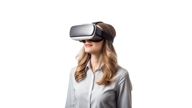 Woman exploring virtual reality with a VR headset png