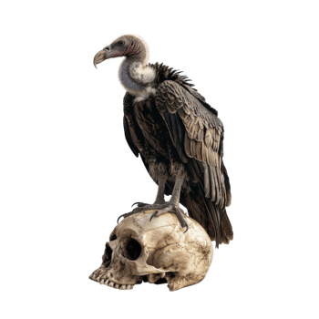 A Vulture Perched on a Skull Against a Black Background png